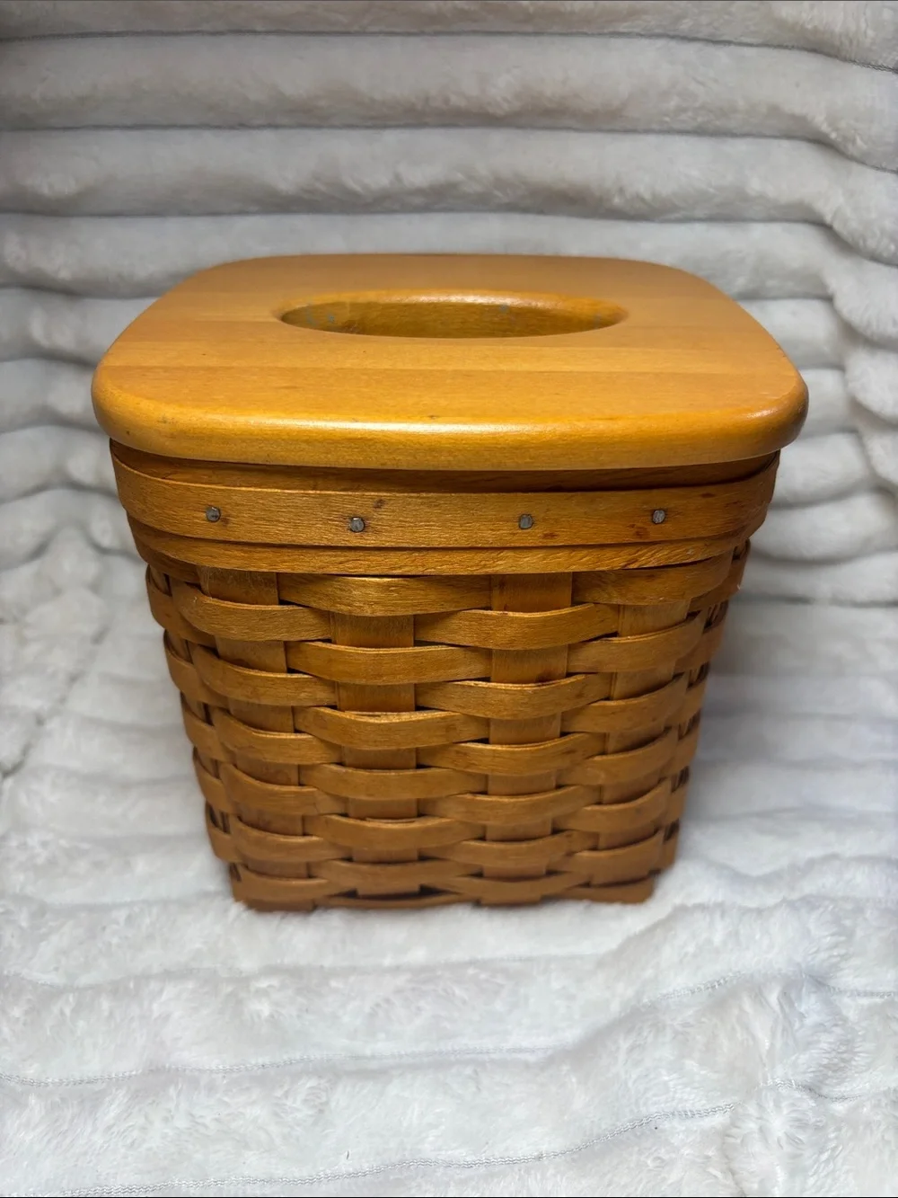 Longaberger Handwoven Wood Tall Tissue Basket with lid 1999 signed